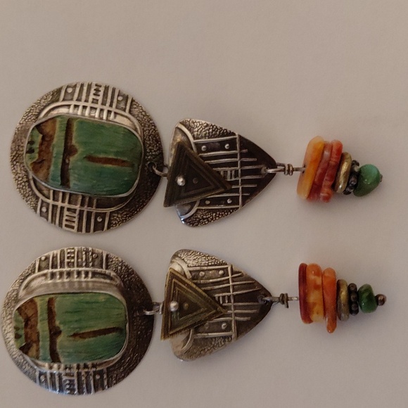 Tabra Signed Turquoise & Silver Dangle Earrings - Picture 1 of 5